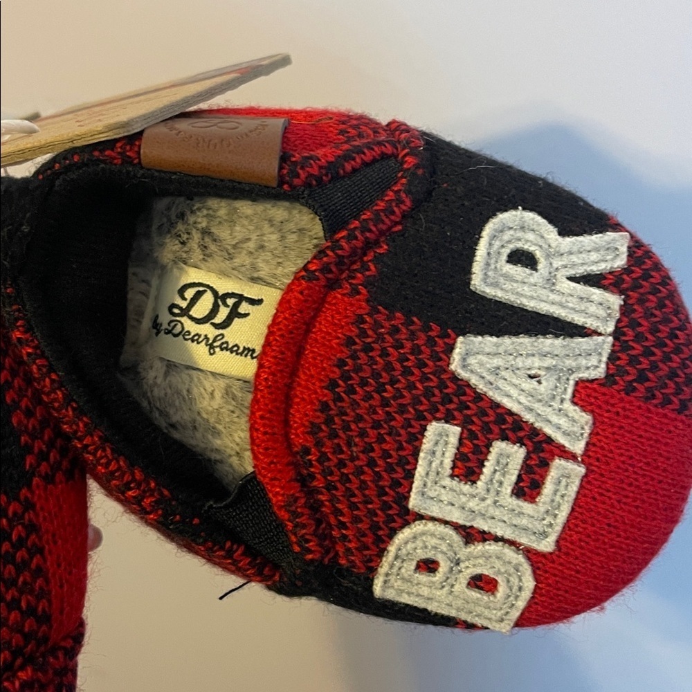 Dearfoams Memory Foam Red Black Buffalo Check Baby Bear Limited Edition Slippers - Picture 3 of 16